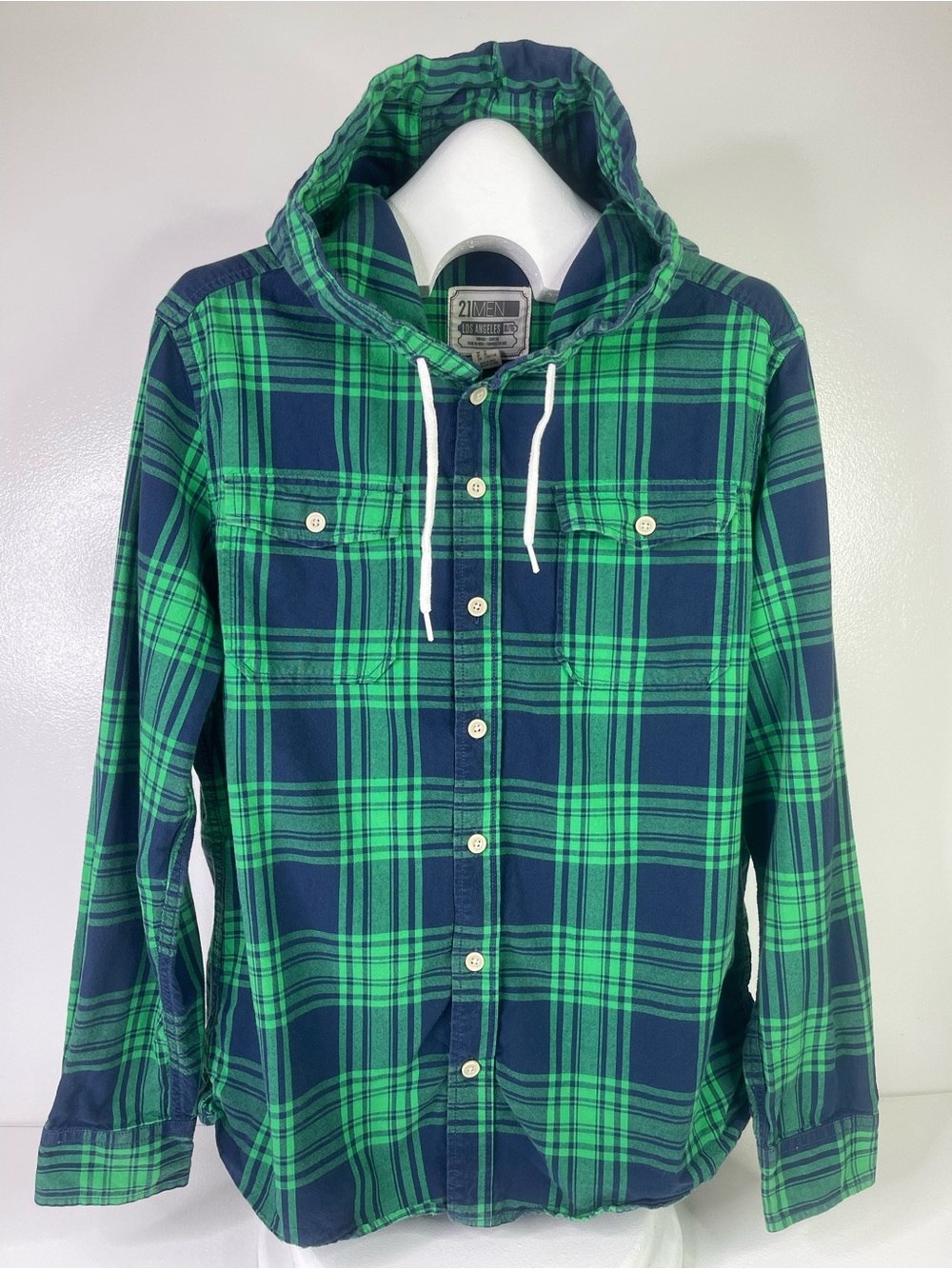21Men Green Blue Plaid Hooded Long Sleeve Flannel Shirt Men's Size Small